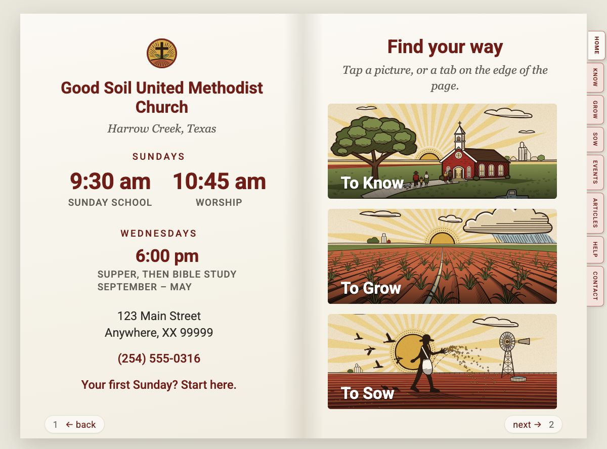 The Good Soil UMC site opened to its first spread: service times, address and phone on the left; on the right, Find your way, with three drawn pictures labelled To Know, To Grow and To Sow. Tabs run down the right edge.
