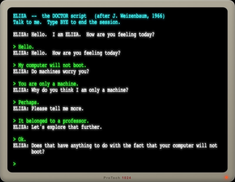 ELIZA in green and white text: the player types You are only a machine, and ELIZA answers Why do you think I am only a machine?
