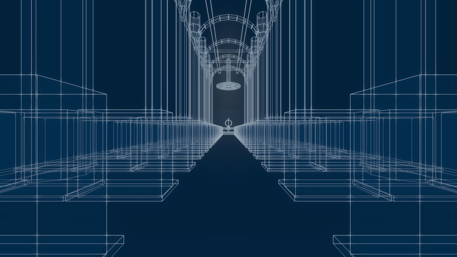 A first-person view down a long wireframe hall in white lines on deep blue: rows of translucent blocks on either side, ribbed arches overhead and a ring hanging at the far end