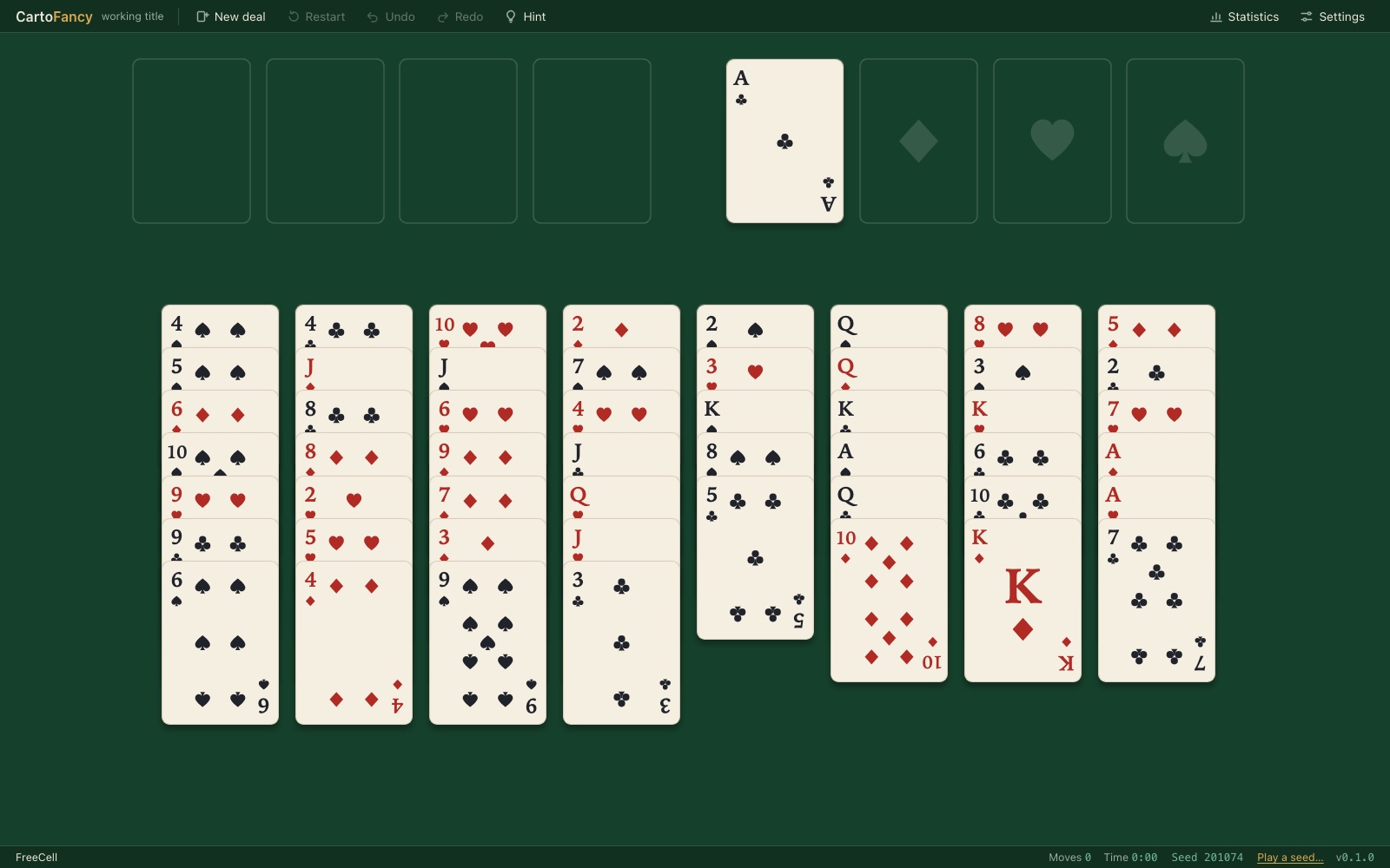 CartoFancy’s FreeCell table on green felt: four empty free cells, the ace of clubs on the first foundation, eight cascades of cream card faces, a game bar with New deal, Restart, Undo, Redo, Hint, Statistics and Settings, and a status strip with moves, time and the deal’s seed