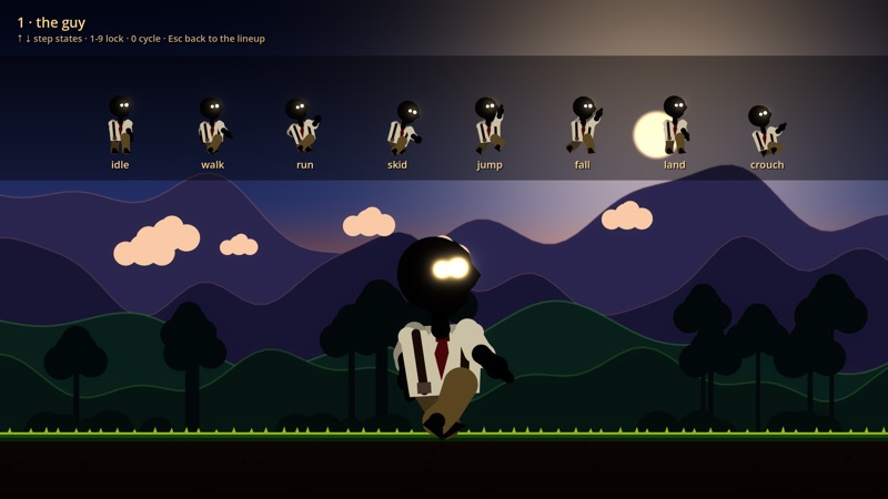 A code-drawn character posed in eight rig states on the workshop bench