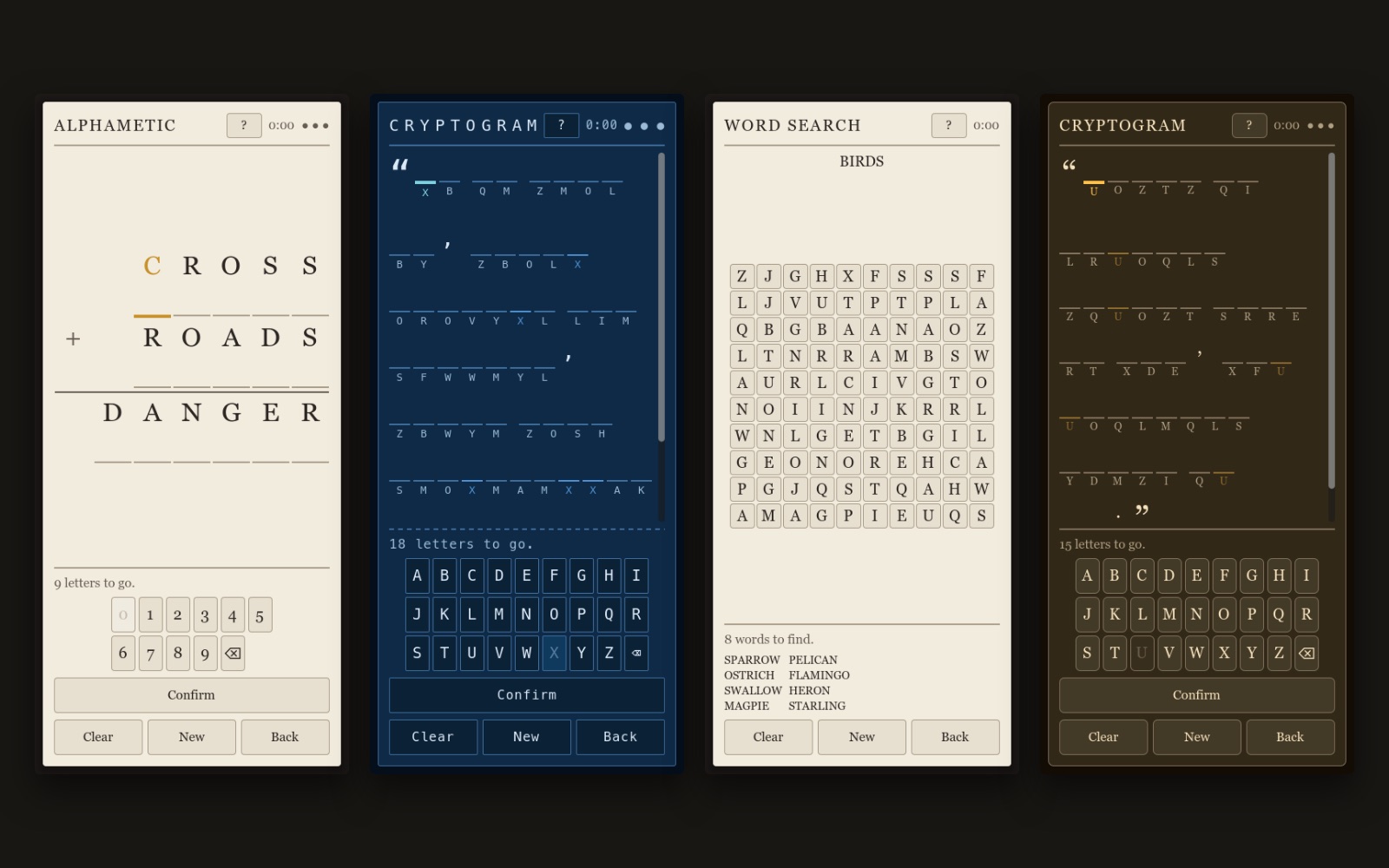 Four phone-size Pocket Puzzles pages side by side: an alphametic reading CROSS plus ROADS equals DANGER with a digit keypad, a cryptogram in a blue monospace theme, a word search of birds, and a cryptogram in a dark candlelit theme