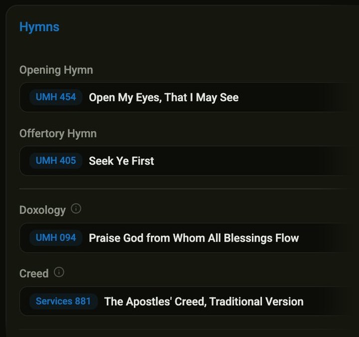 The top of the OpenOrder entry form in dark mode: hymn pickers, each showing the title its number resolved to beside its hymnal-source badge